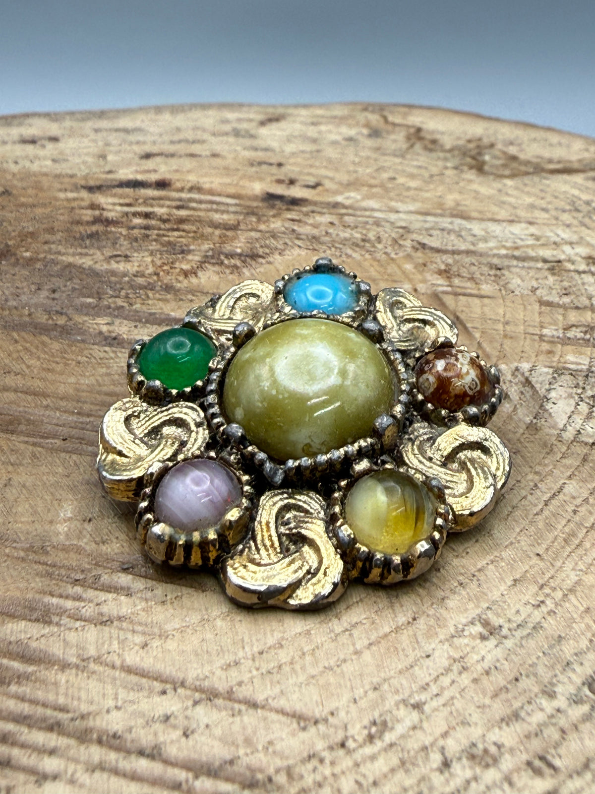 Vintage Gold Tone Celtic Cluster Brooch, Faux Agate
