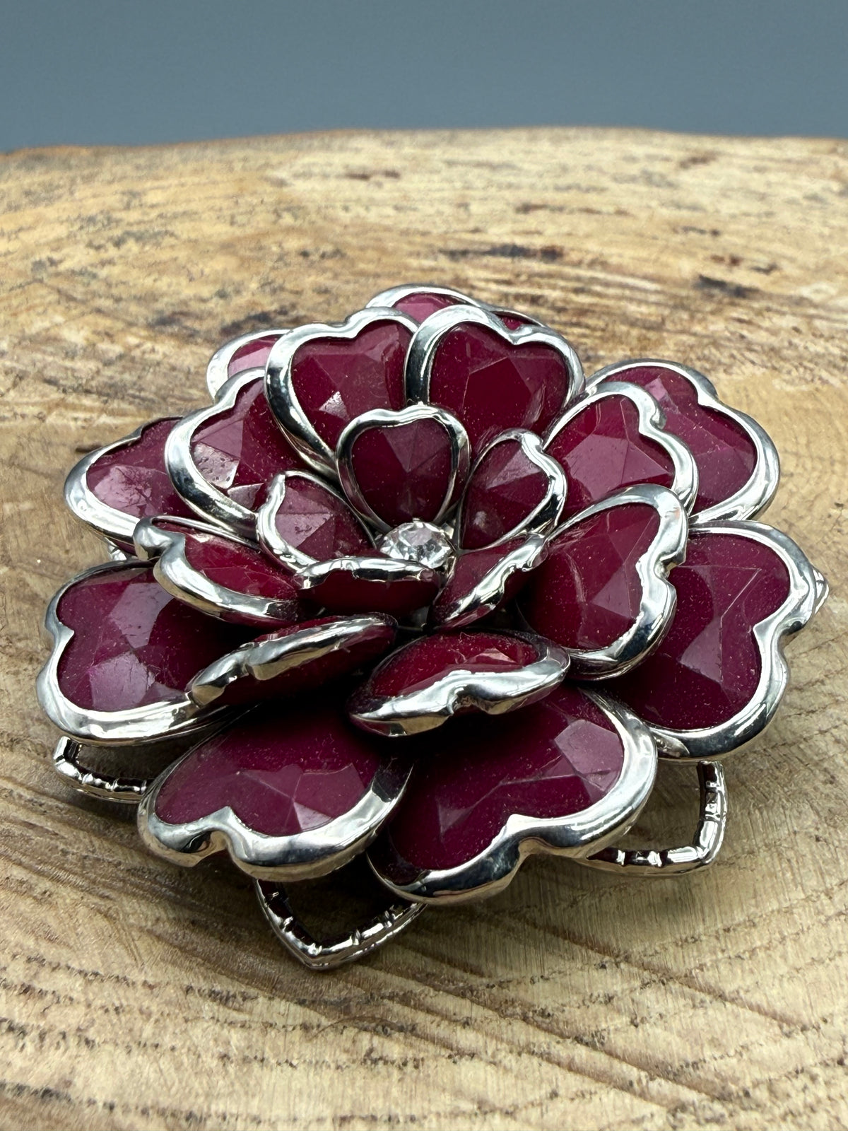Vintage Purple 1980s Flower Brooch, Silver Tone
