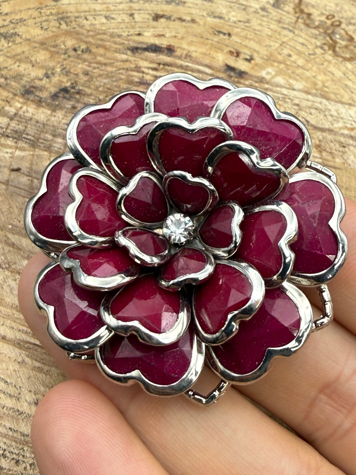 Vintage Purple 1980s Flower Brooch, Silver Tone