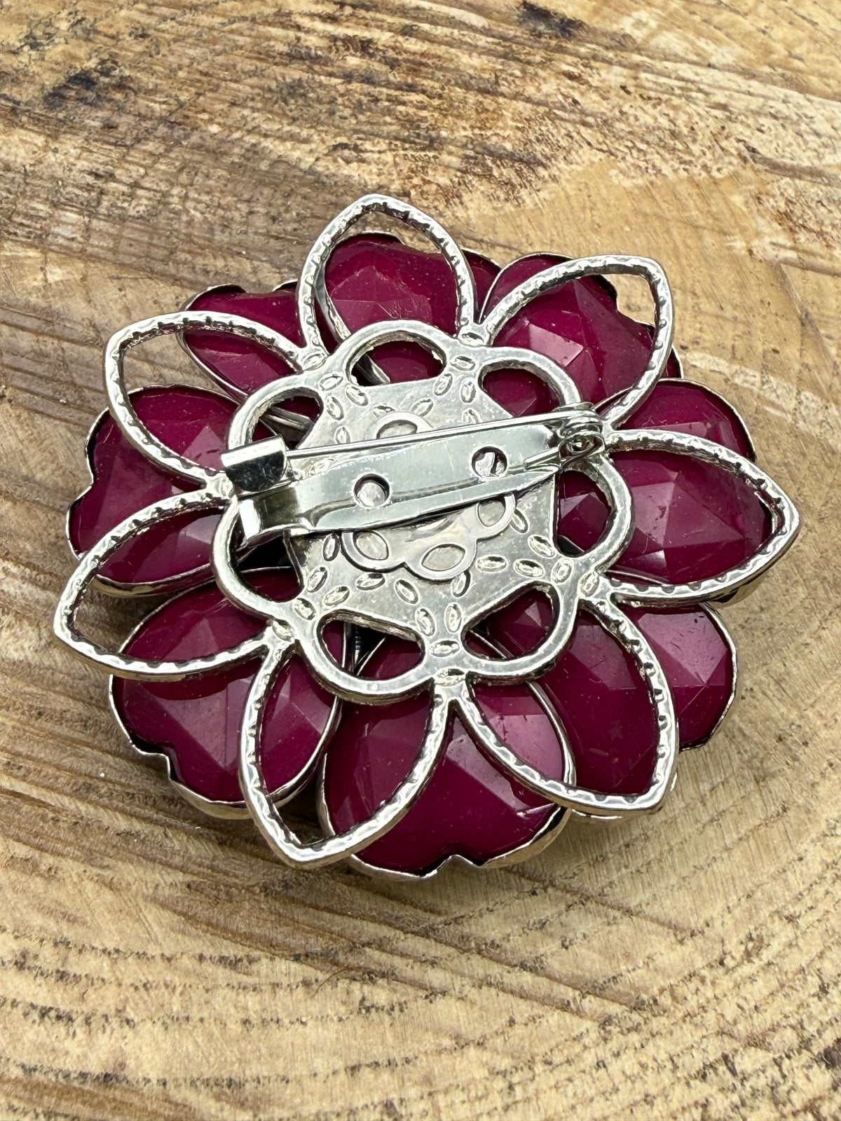 Vintage Purple 1980s Flower Brooch, Silver Tone