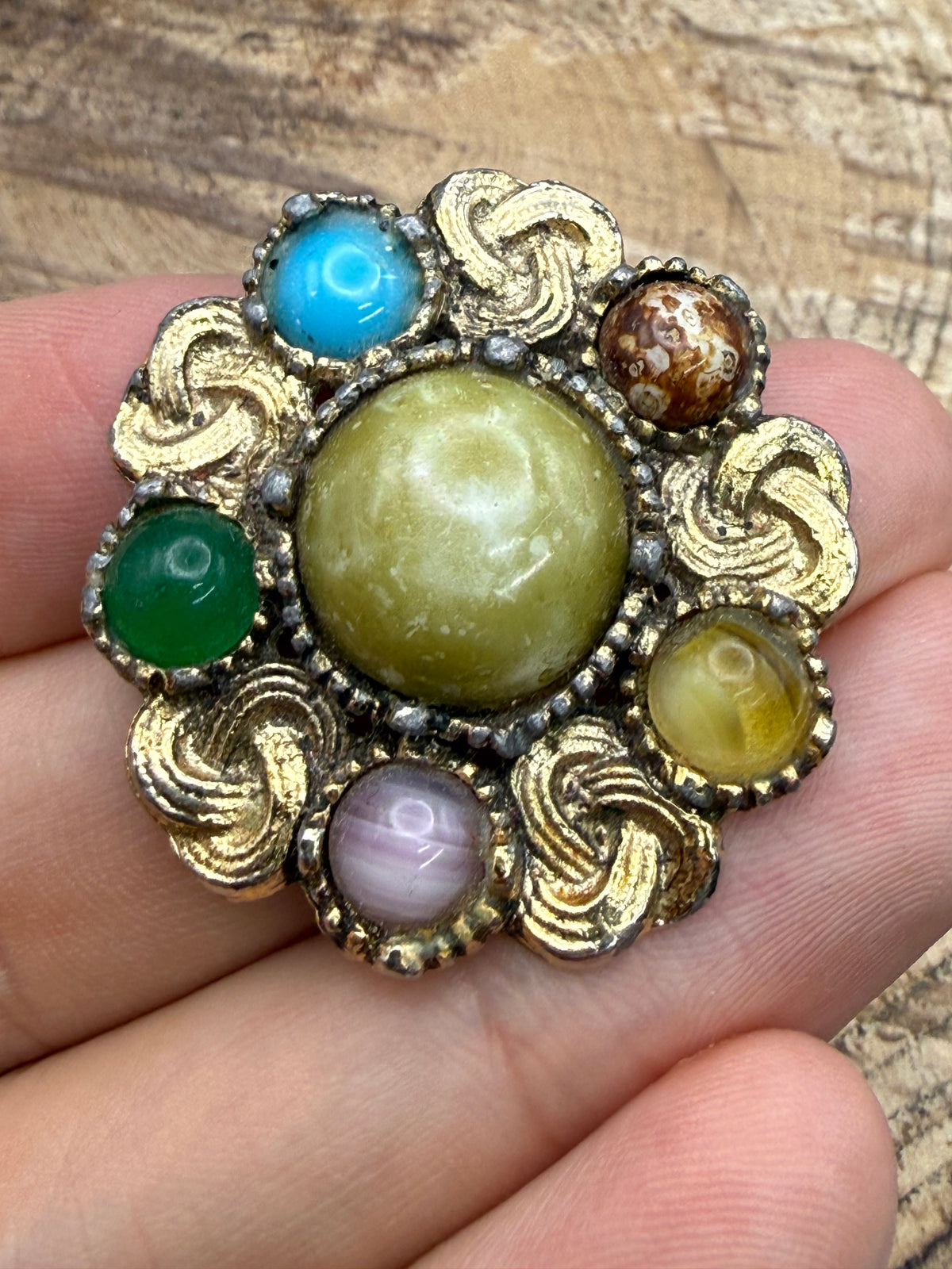 Vintage Gold Tone Celtic Cluster Brooch, Faux Agate