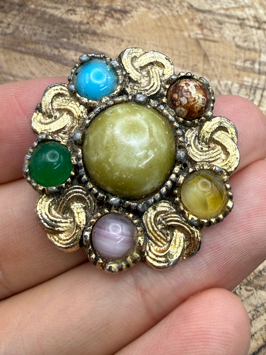 Vintage Gold Tone Celtic Cluster Brooch, Faux Agate
