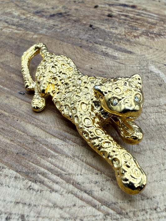 Vintage Leopard Figural Brooch with Rhinestone Eyes