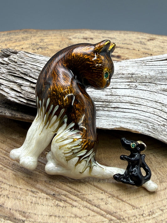 Vintage Enamel Cat and Mouse Brooch