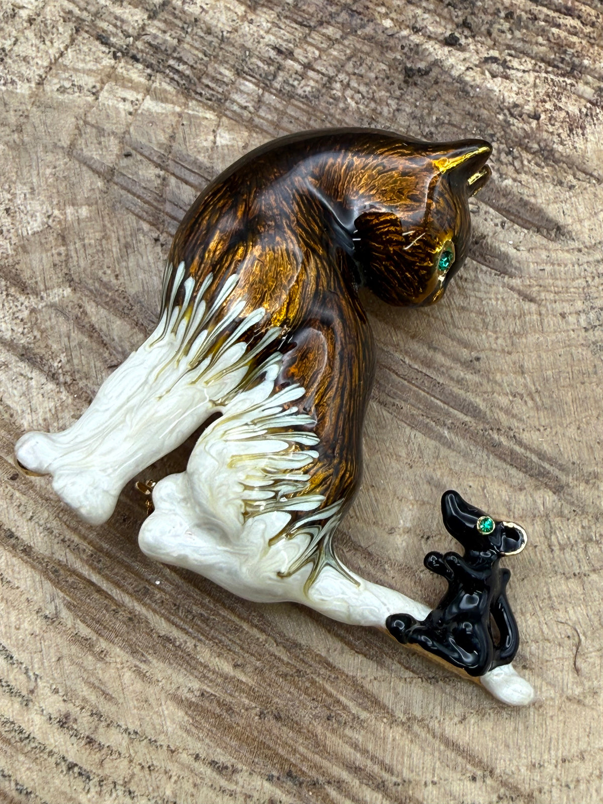 Vintage Enamel Cat and Mouse Brooch