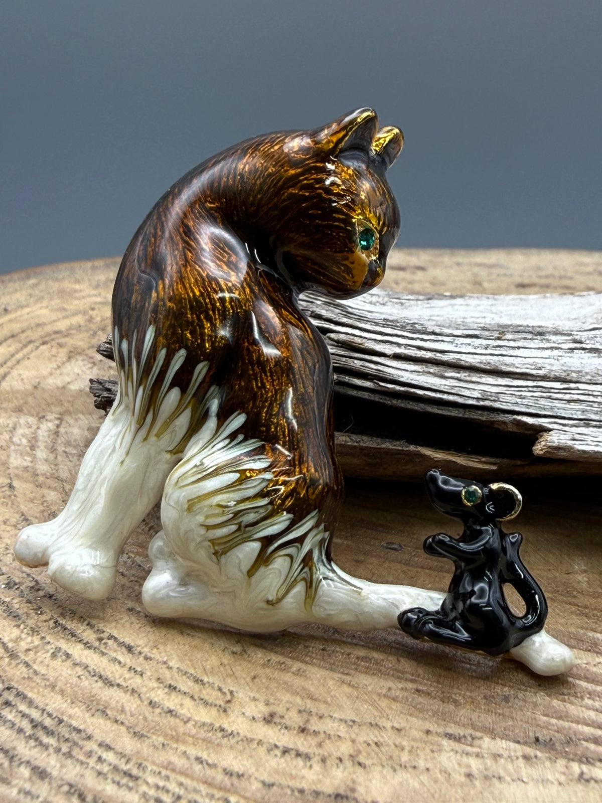 Vintage Enamel Cat and Mouse Brooch