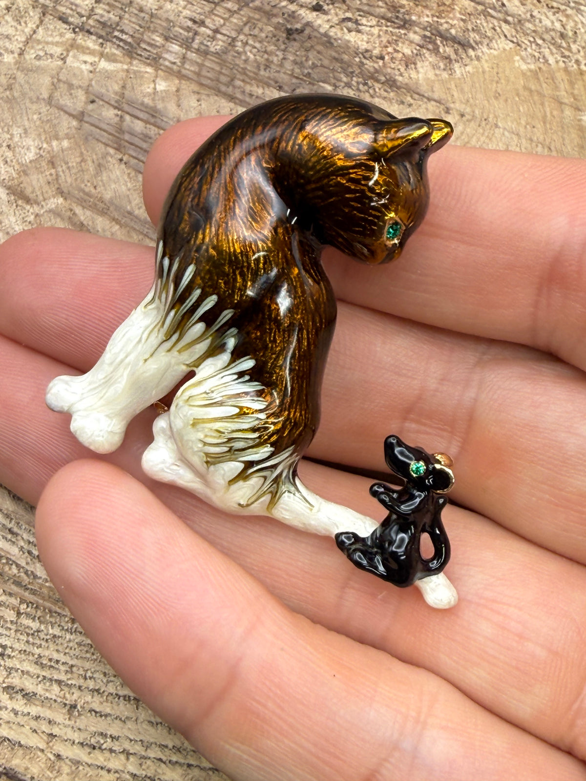 Vintage Enamel Cat and Mouse Brooch
