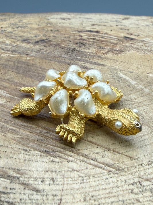 Vintage Marboux Turtle Brooch, Faux Pearl Cluster