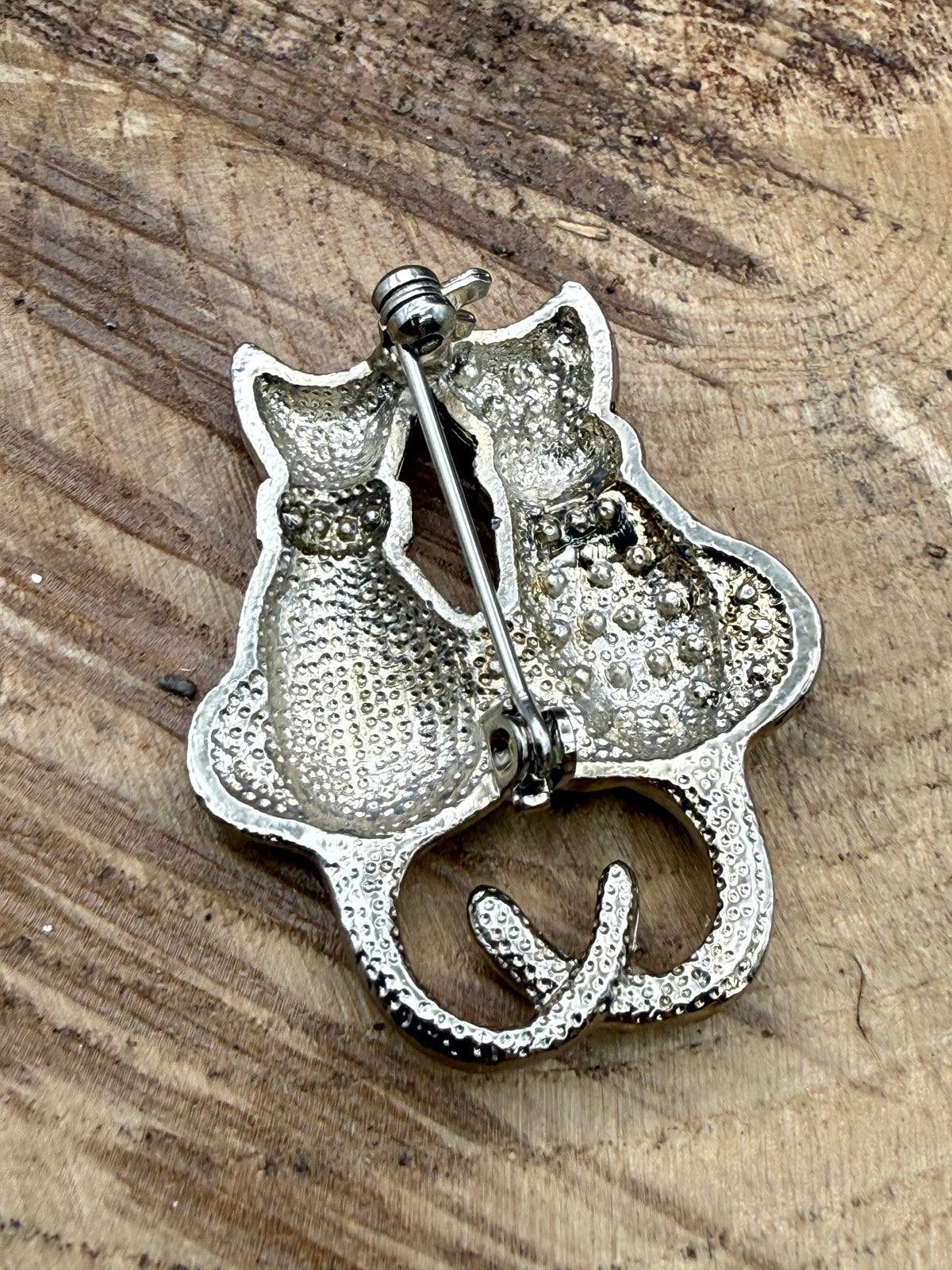 Vintage Silver Tone Entwined Cats Brooch