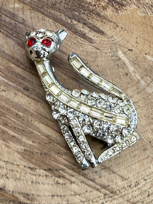Vintage Pave Rhinestone Cat Brooch, Red Eyes