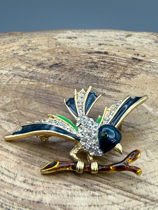 Vintage Enamel Perched Bird Brooch, Rhinestone Detail