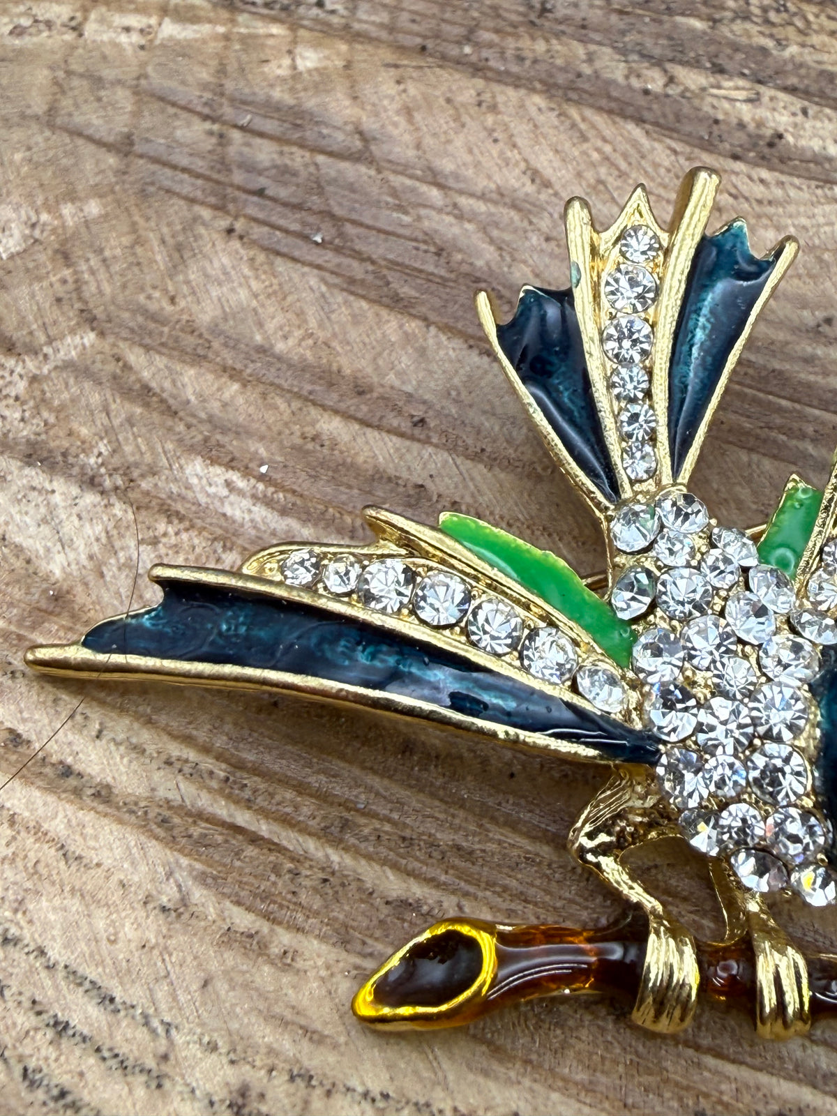 Vintage Enamel Perched Bird Brooch, Rhinestone Detail