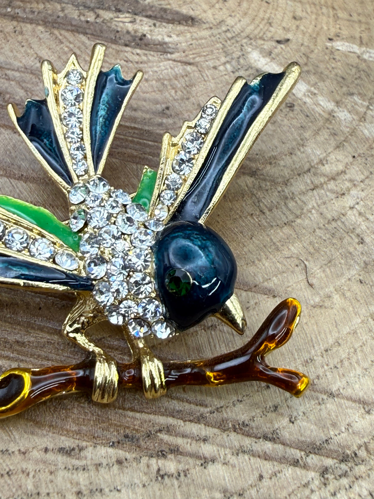 Vintage Enamel Perched Bird Brooch, Rhinestone Detail