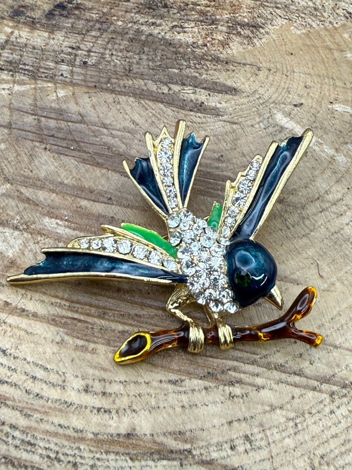Vintage Enamel Perched Bird Brooch, Rhinestone Detail