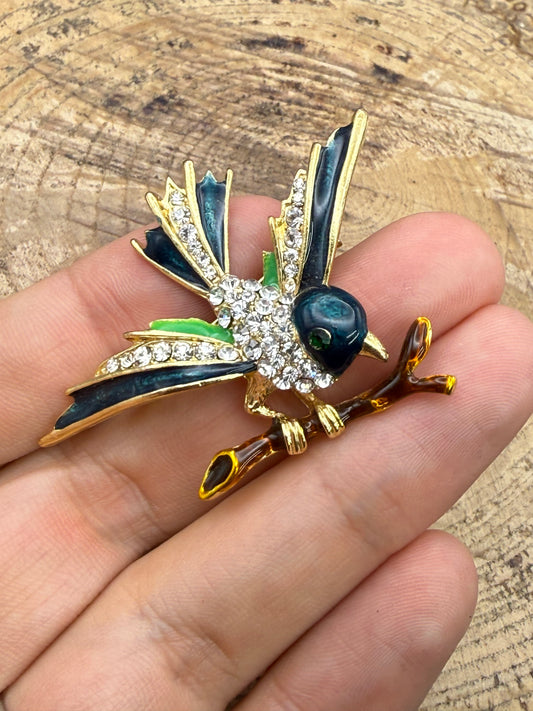 Vintage Enamel Perched Bird Brooch, Rhinestone Detail