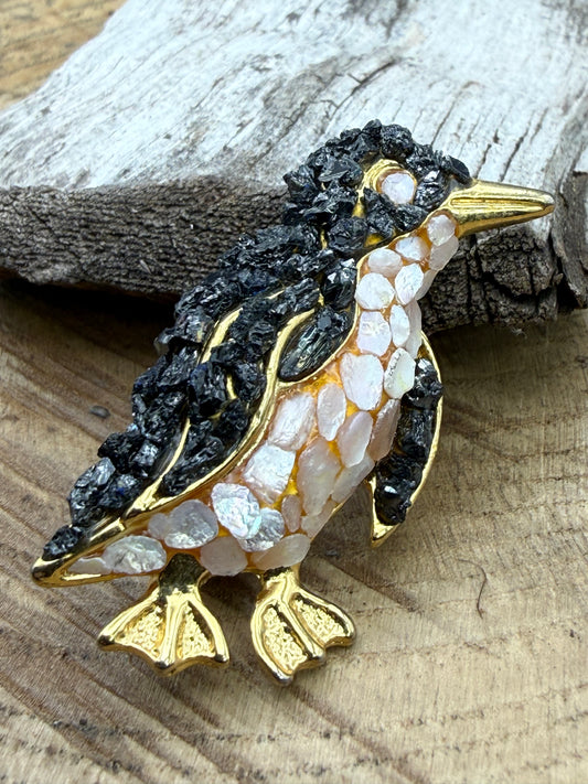 Vintage Penguin Brooch, Shell and Stone Detail