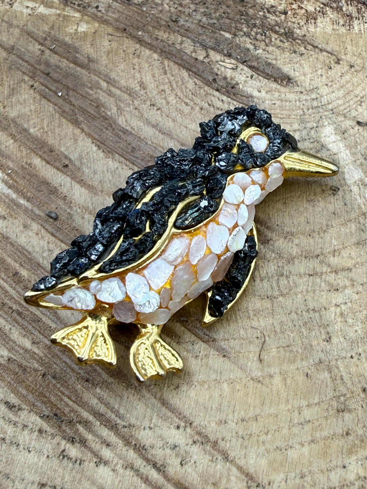 Vintage Penguin Brooch, Shell and Stone Detail