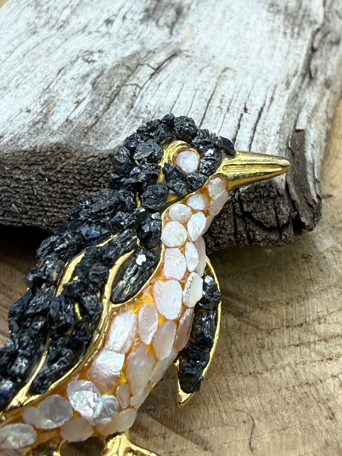 Vintage Penguin Brooch, Shell and Stone Detail
