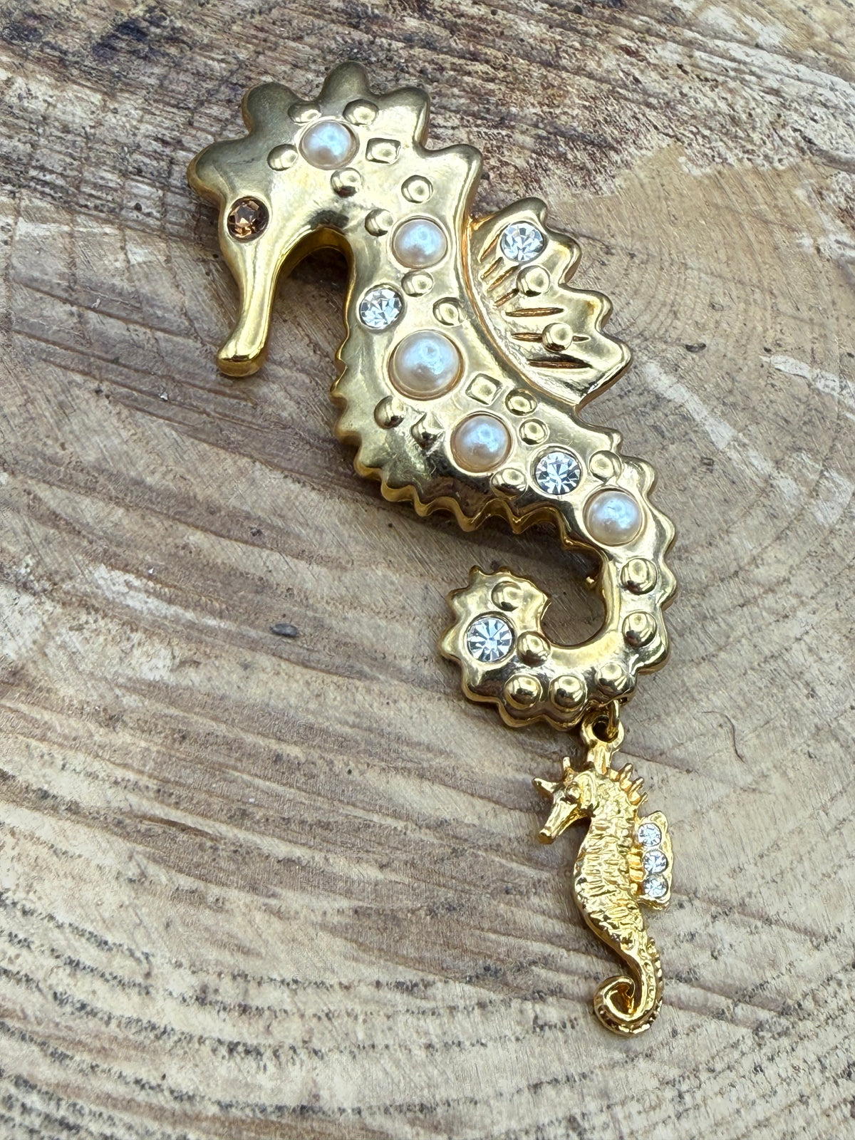 Vintage Swimming Seahorse Brooch With Tiny Charm