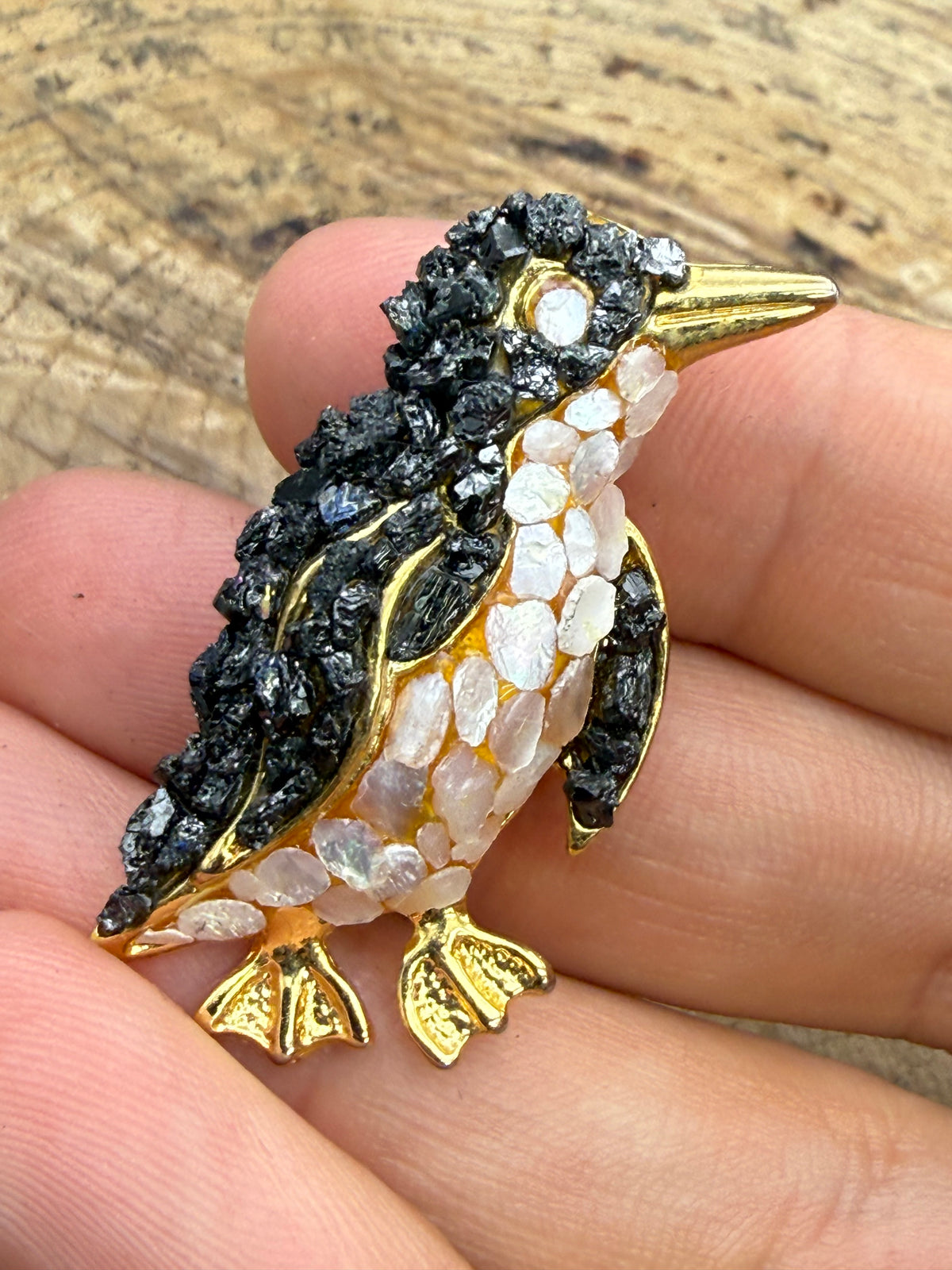Vintage Penguin Brooch, Shell and Stone Detail