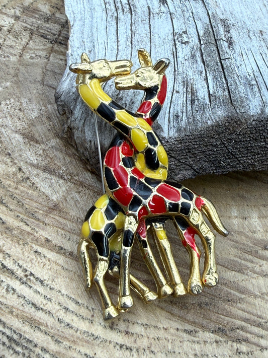 Vintage Enamel Giraffe Brooch, Intertwined Necks