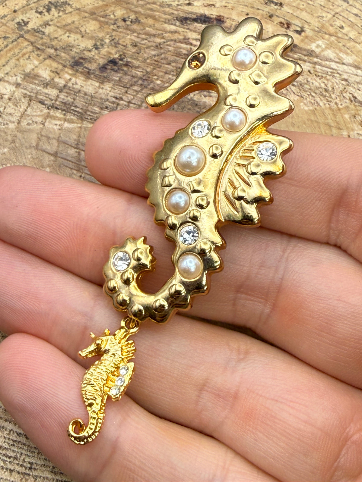 Vintage Swimming Seahorse Brooch With Tiny Charm