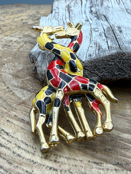 Vintage Enamel Giraffe Brooch, Intertwined Necks