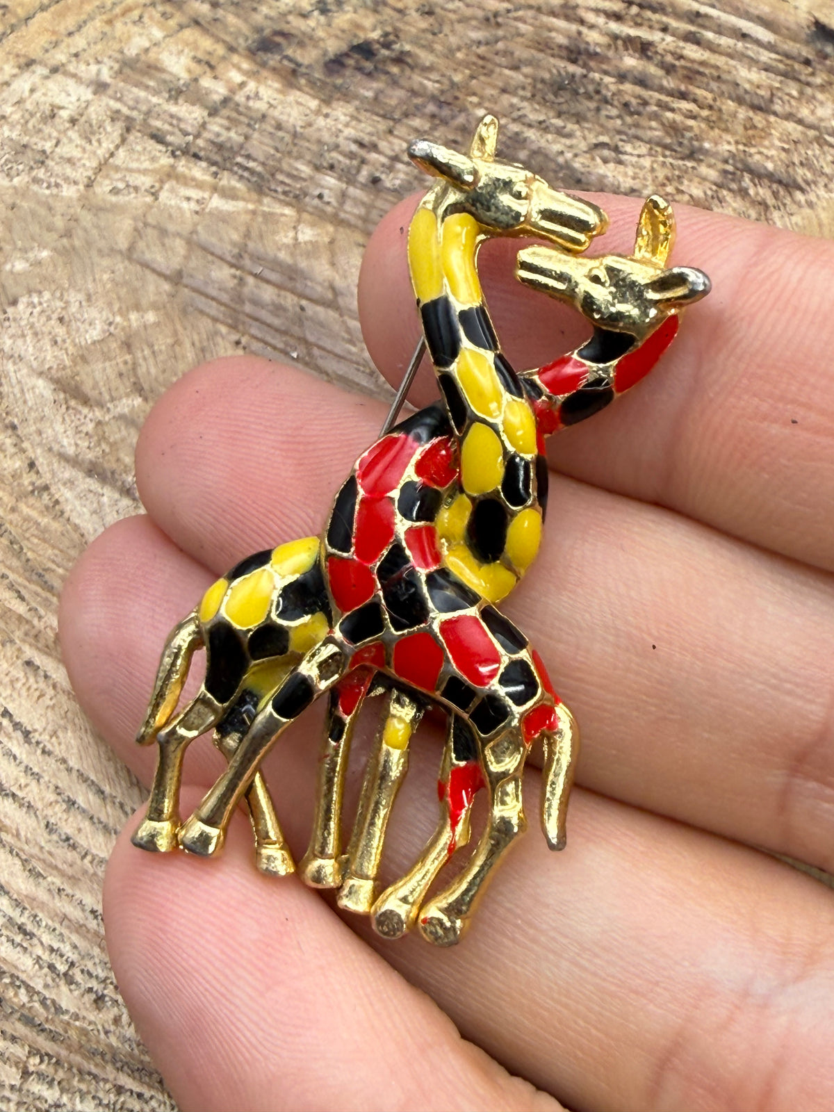 Vintage Enamel Giraffe Brooch, Intertwined Necks