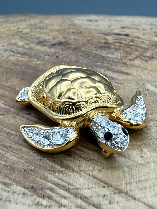 Vintage Sea Turtle Brooch, Rhinestone Flippers