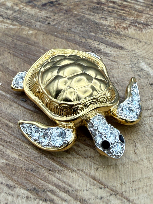 Vintage Sea Turtle Brooch, Rhinestone Flippers