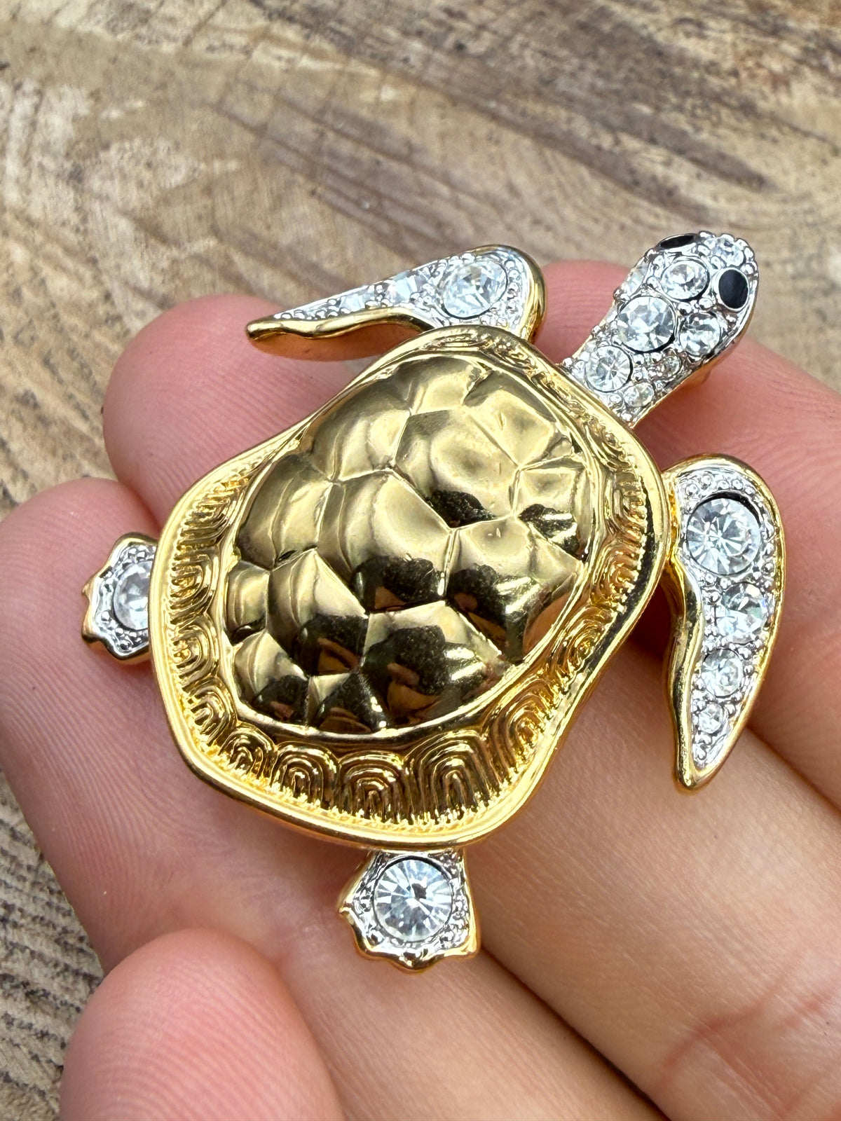 Vintage Sea Turtle Brooch, Rhinestone Flippers