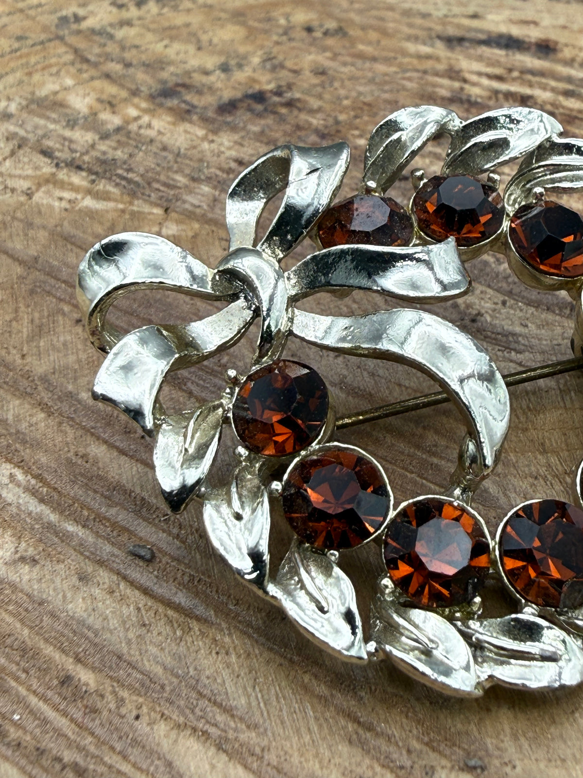 Vintage Brown Rhinestone Wreath & Bow Brooch