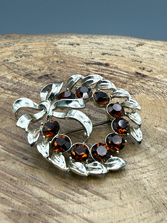 Vintage Brown Rhinestone Wreath & Bow Brooch
