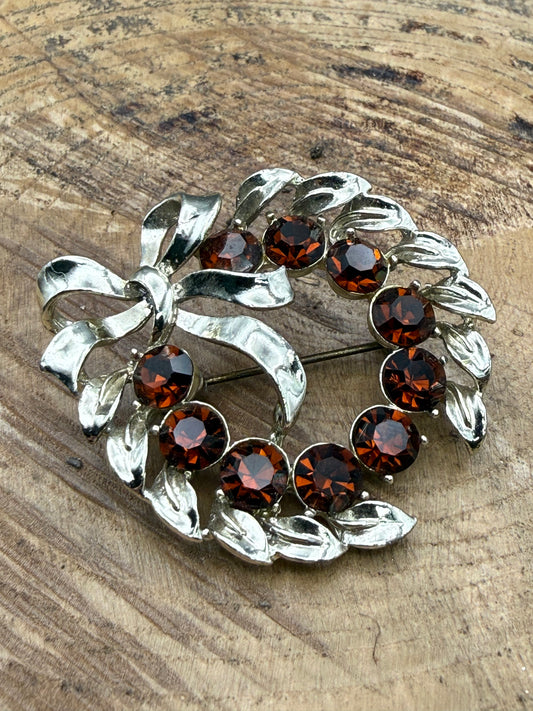 Vintage Brown Rhinestone Wreath & Bow Brooch