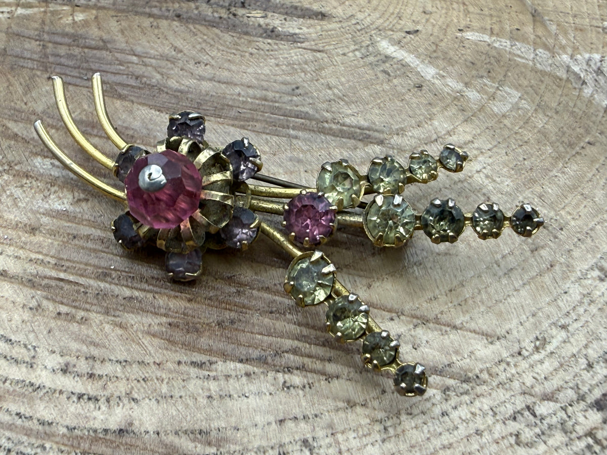 Vintage Floral Spray Brooch with Pink & Purple Rhinestones