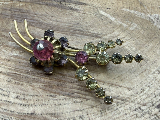 Vintage Floral Spray Brooch with Pink & Purple Rhinestones