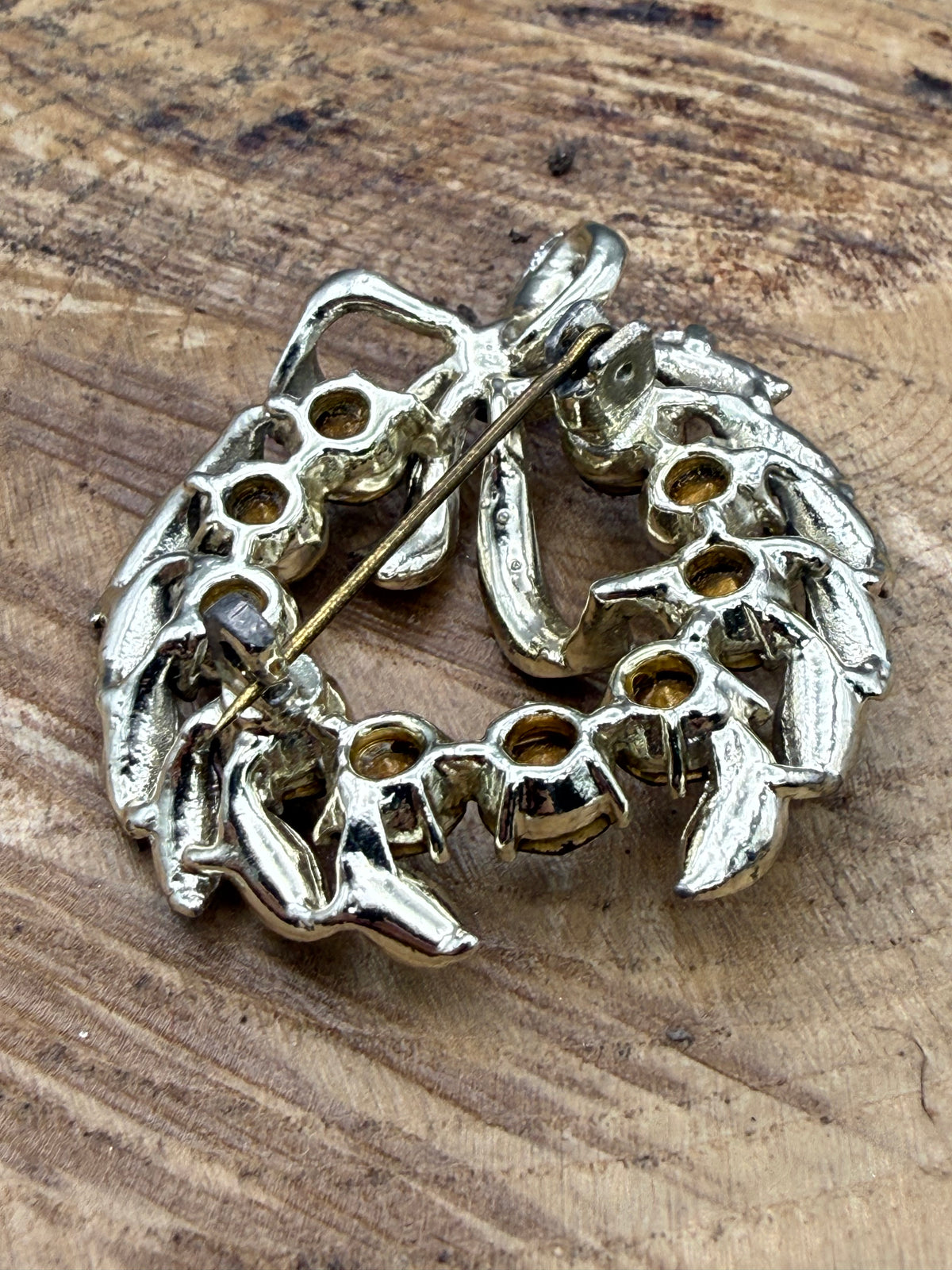 Vintage Brown Rhinestone Wreath & Bow Brooch