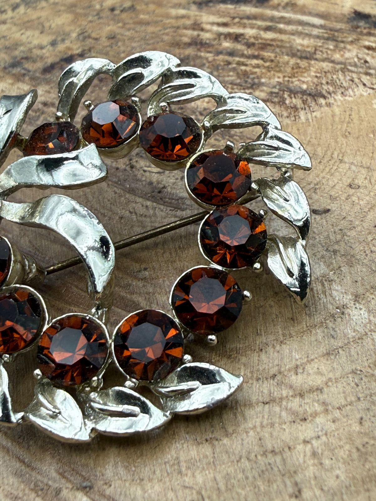 Vintage Brown Rhinestone Wreath & Bow Brooch