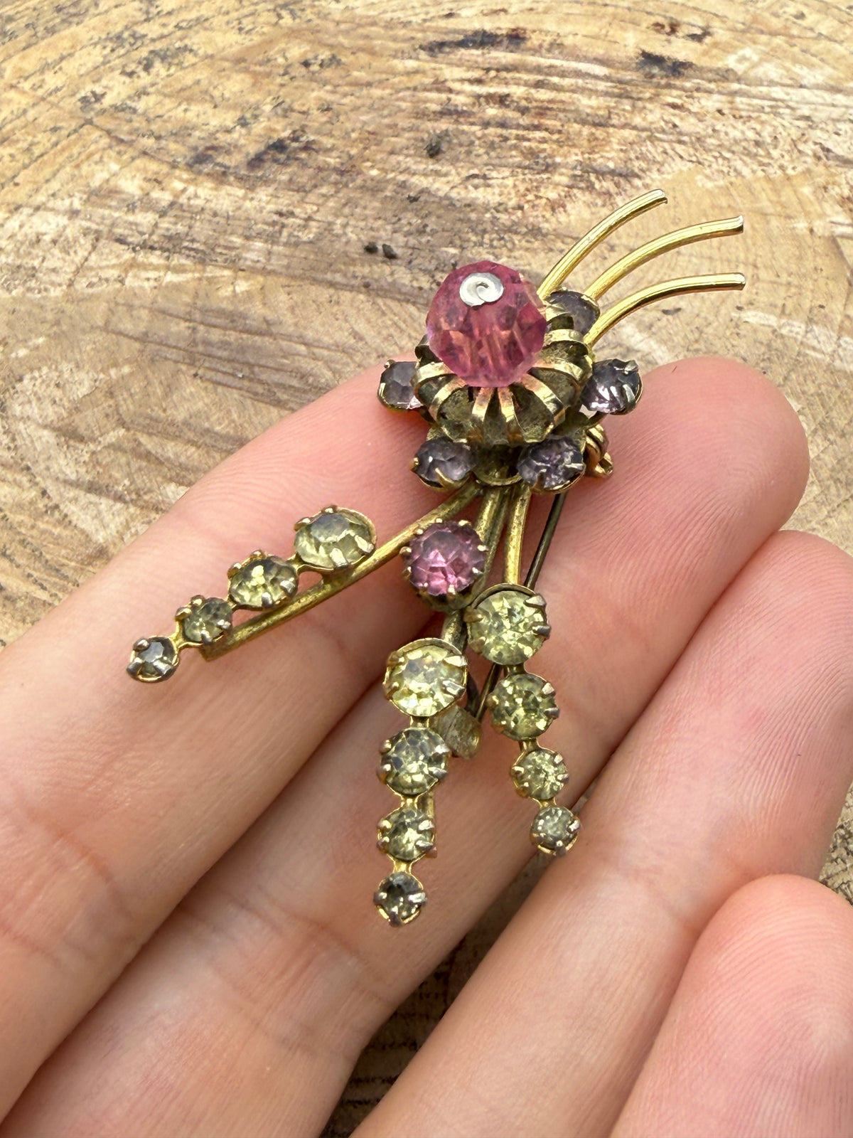 Vintage Floral Spray Brooch with Pink & Purple Rhinestones