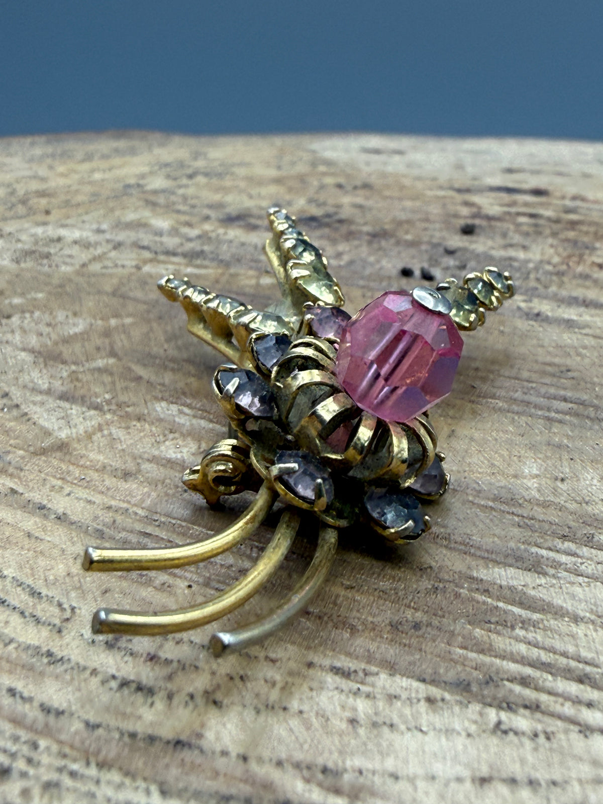Vintage Floral Spray Brooch with Pink & Purple Rhinestones