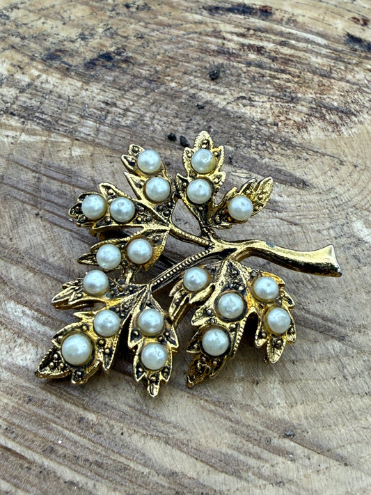 Vintage Oak Leaf Faux Pearl Brooch