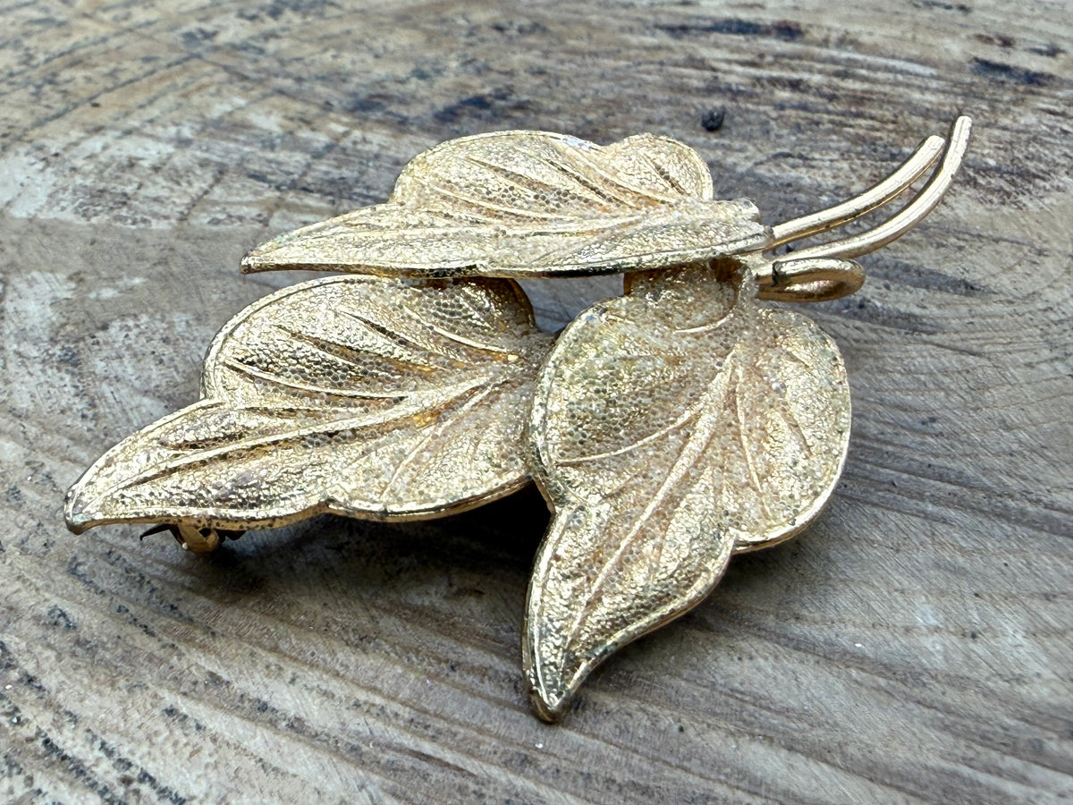 Vintage Gold Tone Textured Leaf Brooch