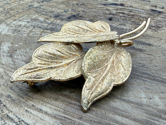 Vintage Gold Tone Textured Leaf Brooch