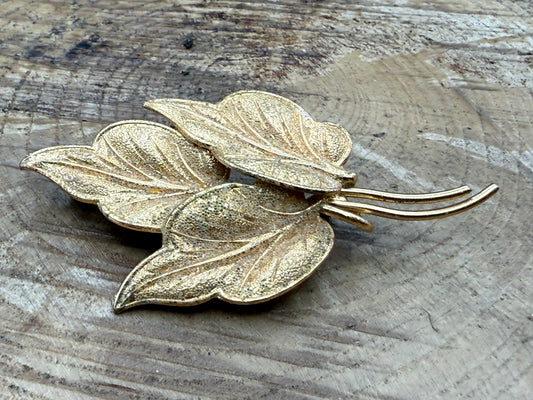 Vintage Gold Tone Textured Leaf Brooch