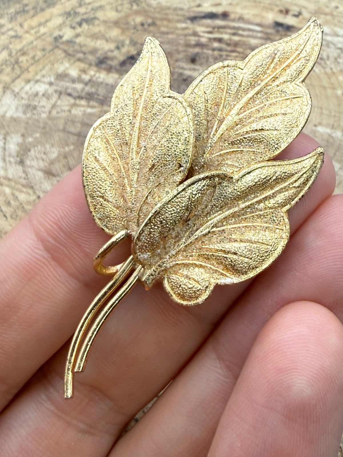 Vintage Gold Tone Textured Leaf Brooch