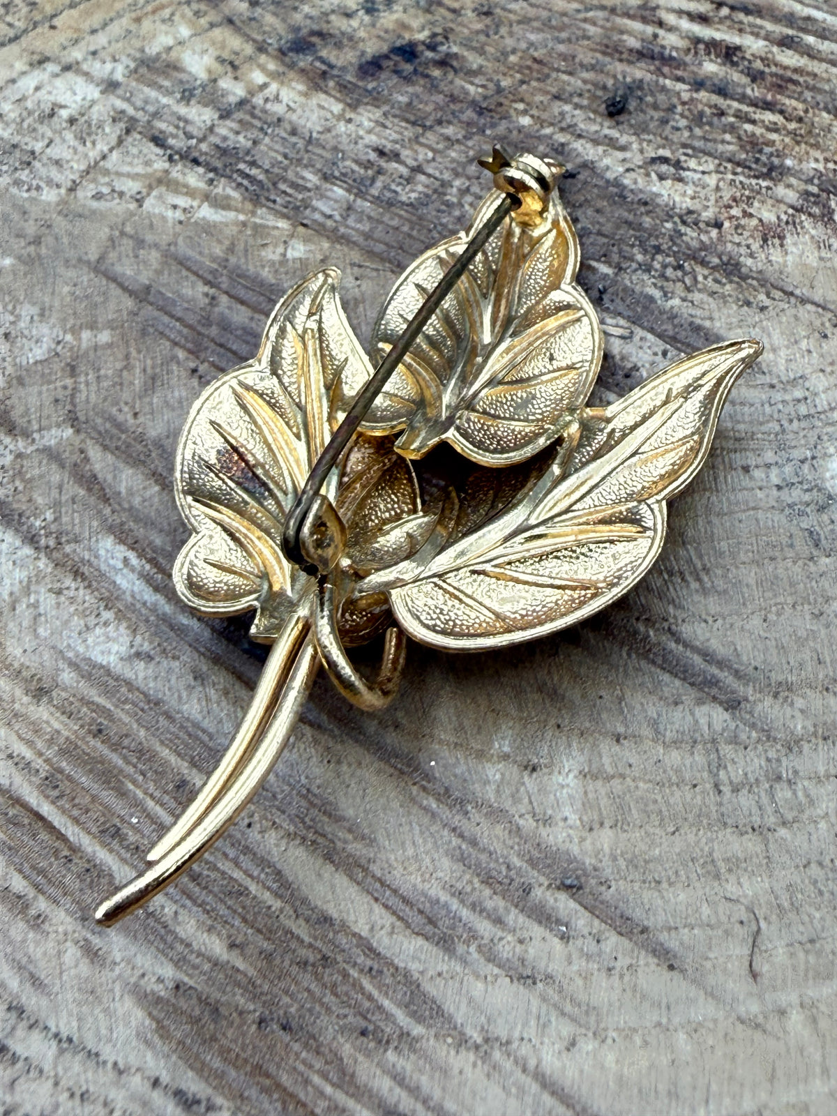Vintage Gold Tone Textured Leaf Brooch