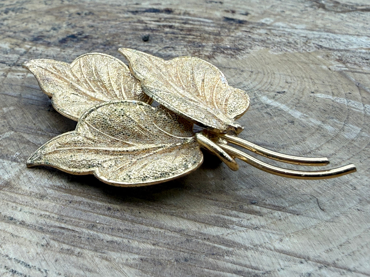 Vintage Gold Tone Textured Leaf Brooch