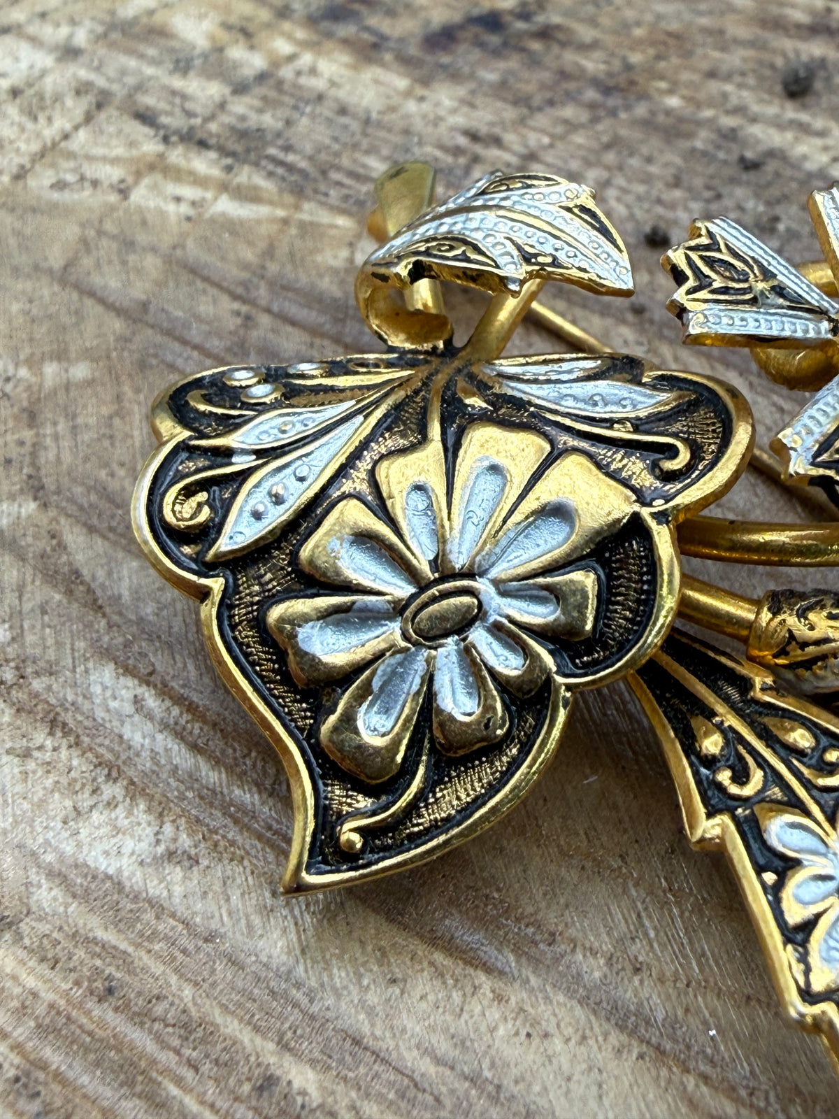 Vintage Damascene Style Floral Brooch