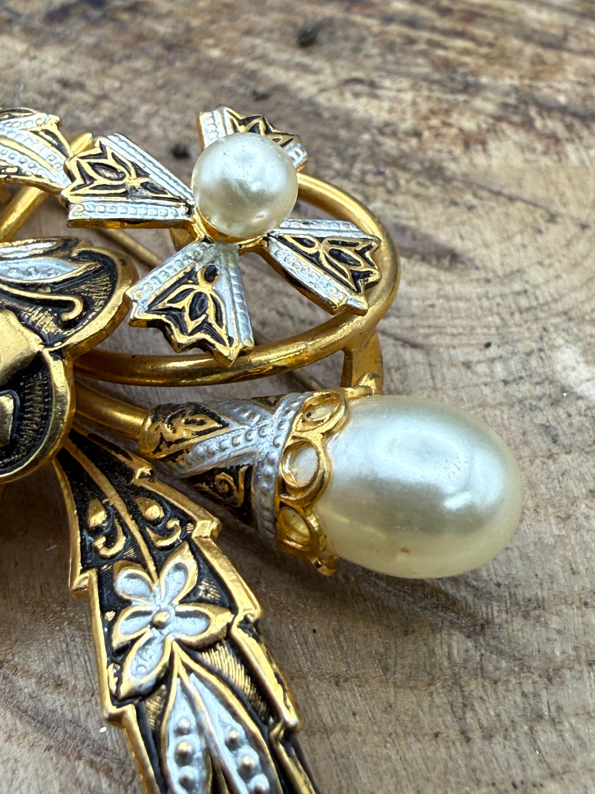 Vintage Damascene Style Floral Brooch