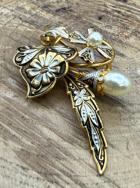 Vintage Damascene Style Floral Brooch